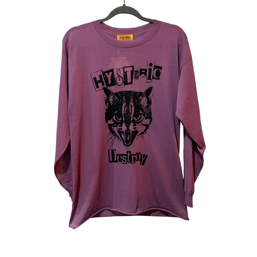 Hysteric Glamour Knit Top Mens One Size Purple Cat Fever Destroy Graphic LS